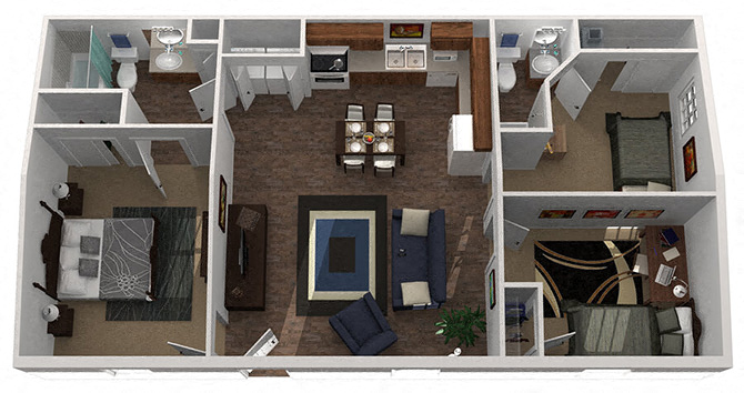 Floor plan for 3 beds, 2 baths, 1104 sqft